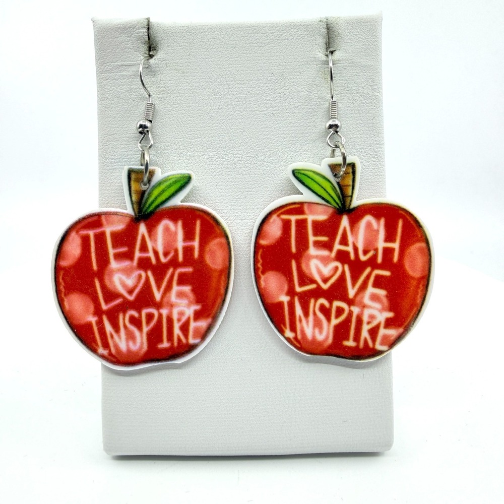 VTG Teach Love Inspire Red Apple Acrylic Dangle Earrings - Teacher Gift
